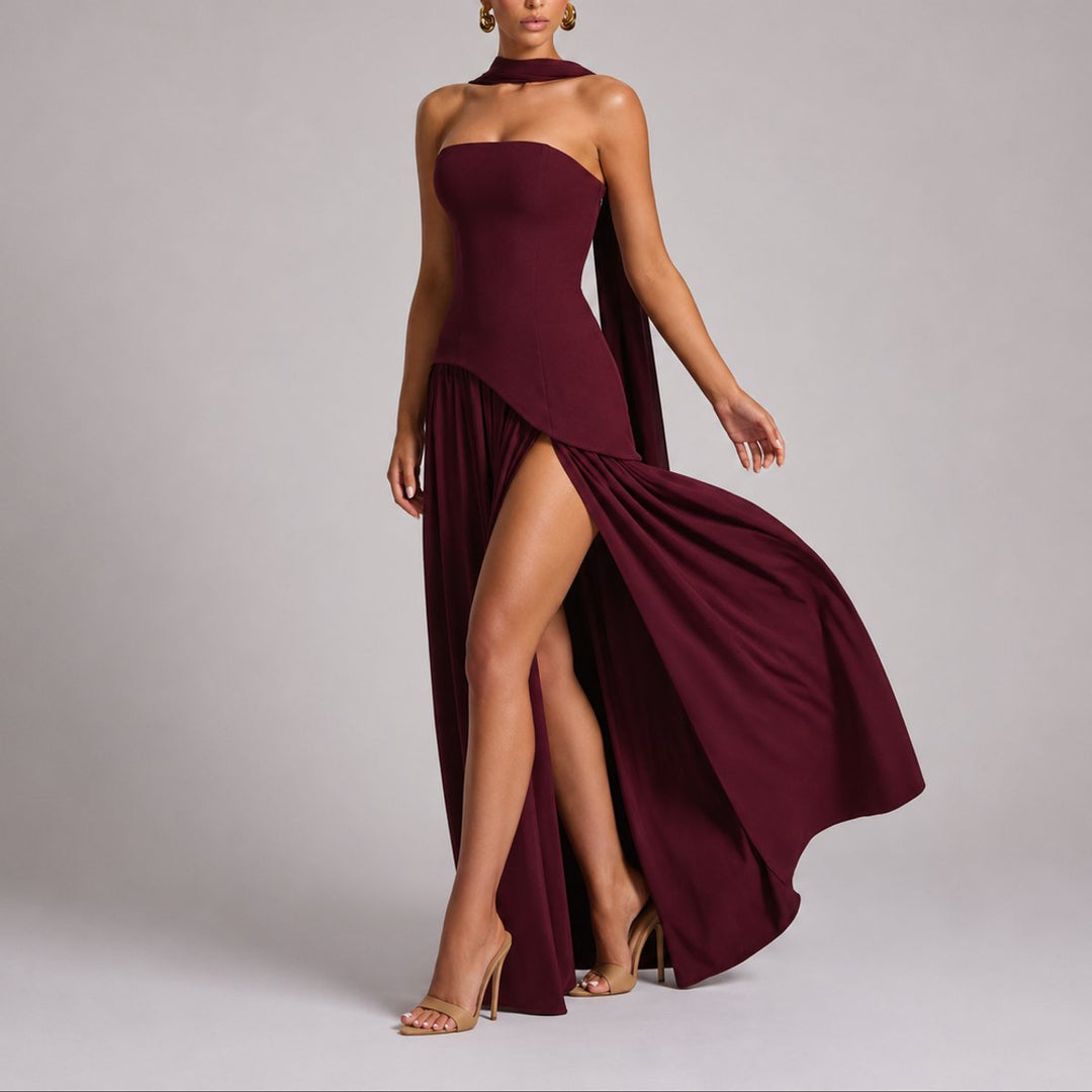 Zola | Strapless Open-Back Scarf-Neck Maxi Wedding Guest Dress