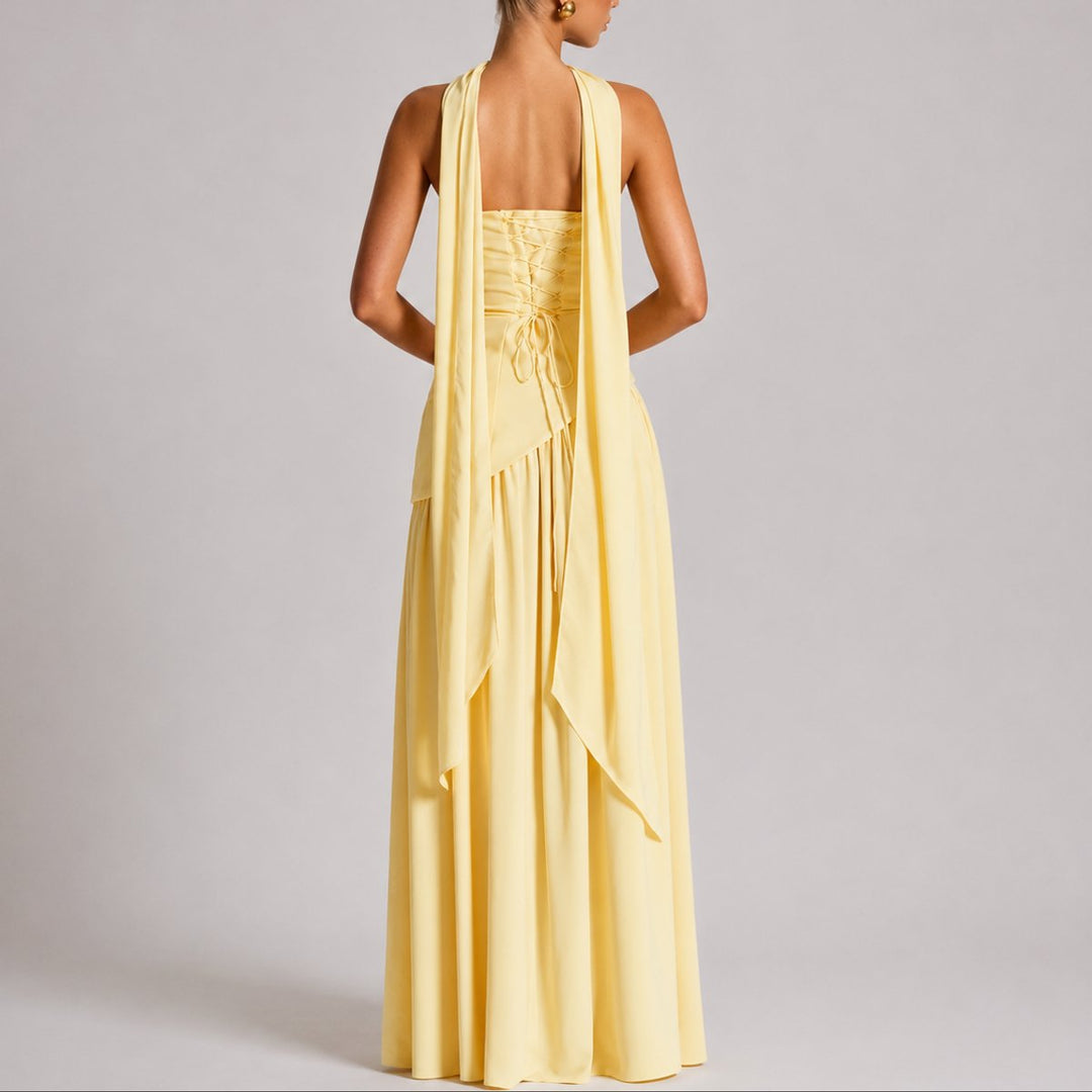 Zola | Strapless Open-Back Scarf-Neck Maxi Wedding Guest Dress