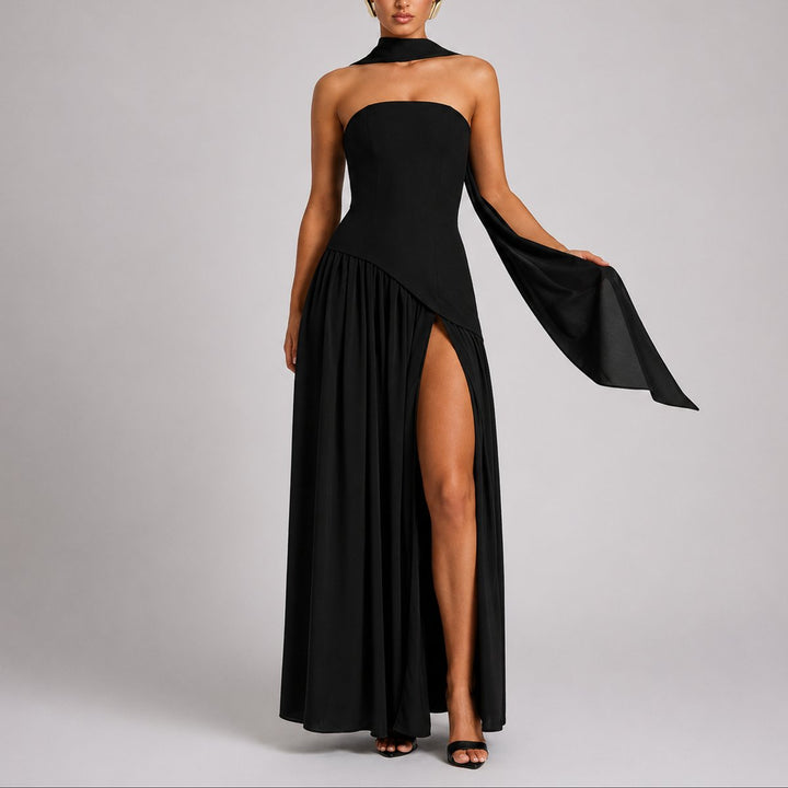 Zola | Strapless Open-Back Scarf-Neck Maxi Wedding Guest Dress