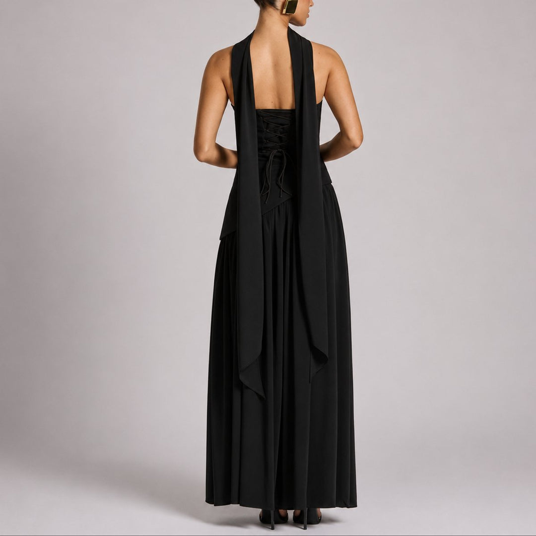 Zola | Strapless Open-Back Scarf-Neck Maxi Wedding Guest Dress
