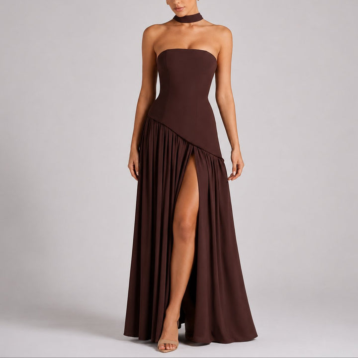 Zola | Strapless Open-Back Scarf-Neck Maxi Wedding Guest Dress
