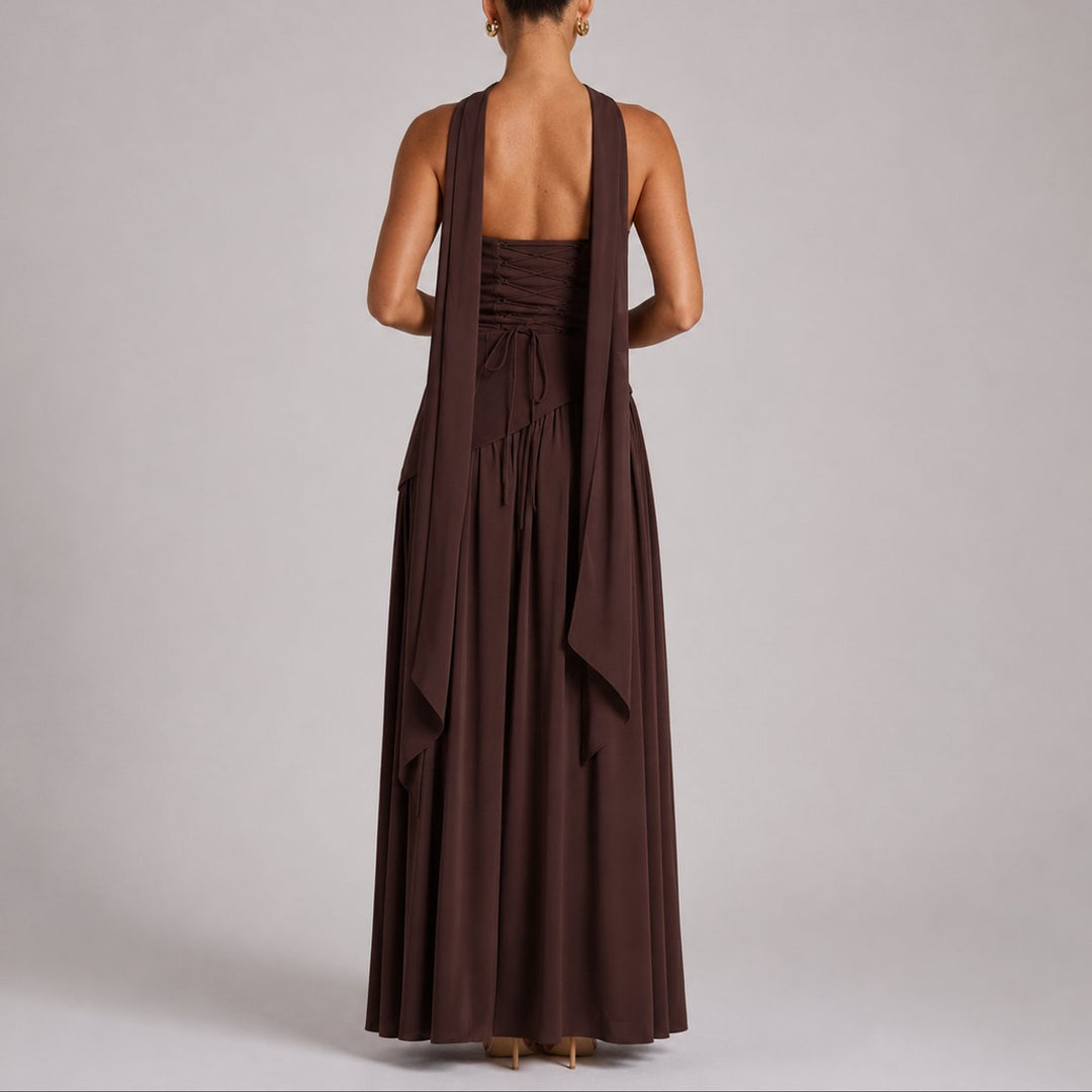 Zola | Strapless Open-Back Scarf-Neck Maxi Wedding Guest Dress