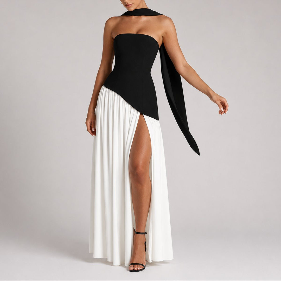 Zola | Strapless Open-Back Scarf-Neck Maxi Wedding Guest Dress