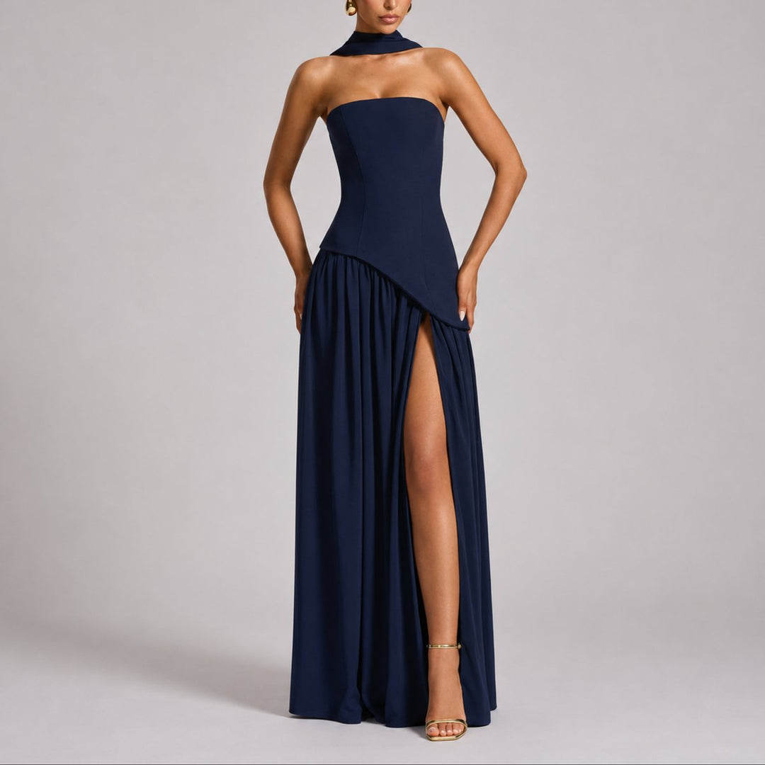 Zola | Strapless Open-Back Scarf-Neck Maxi Wedding Guest Dress