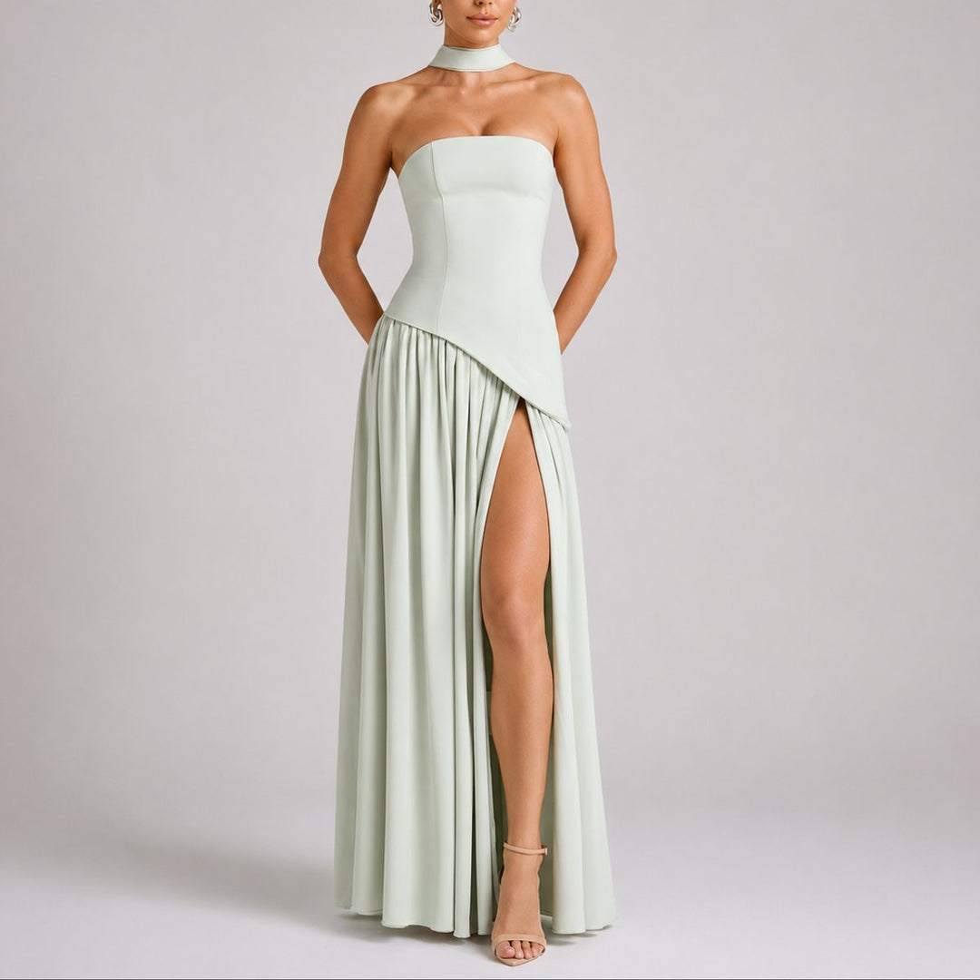 Zola | Strapless Open-Back Scarf-Neck Maxi Wedding Guest Dress