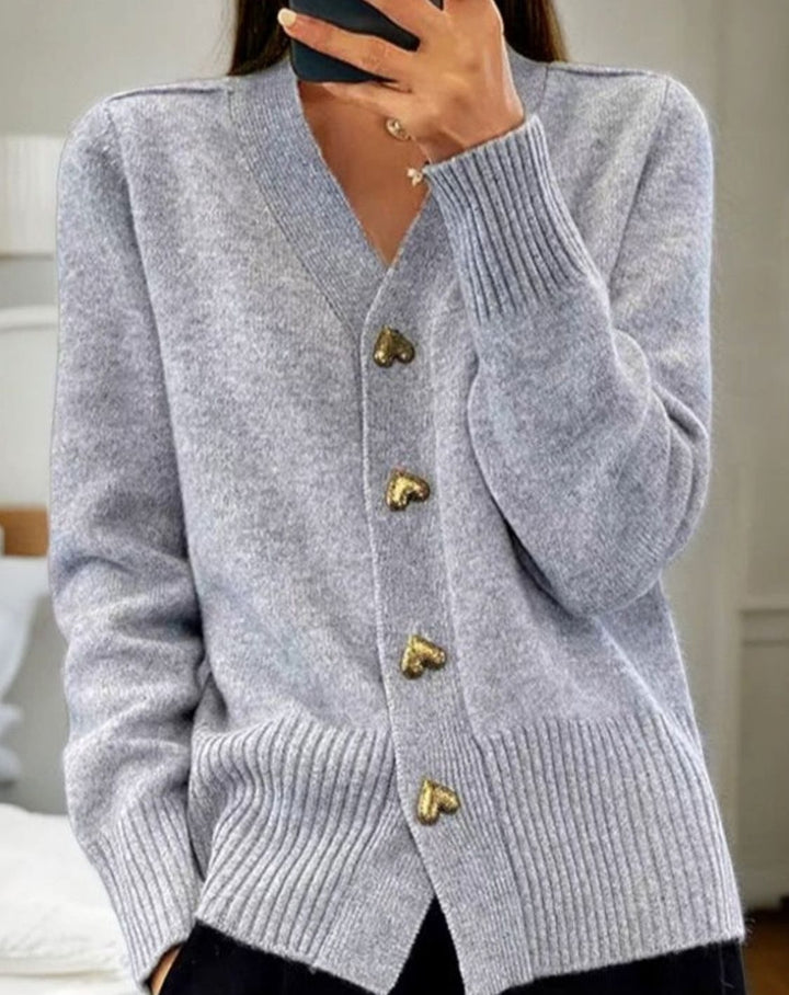 Ruth | V-Neck Ribbed Knit Cardigan with Heart Buttons