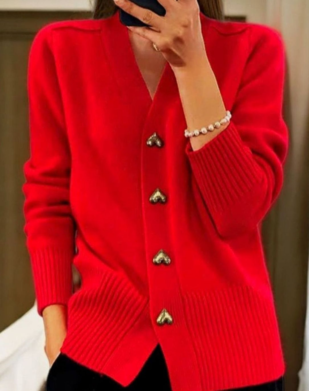 Ruth | V-Neck Ribbed Knit Cardigan with Heart Buttons