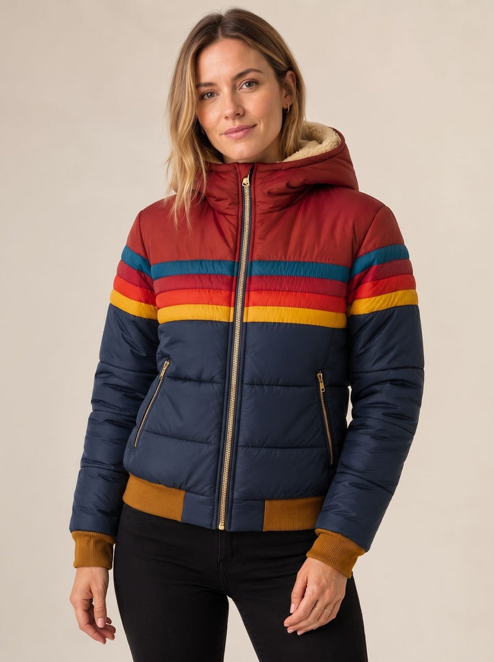 Francesca | Waterproof Hooded Puffer Jacket with Retro Stripes