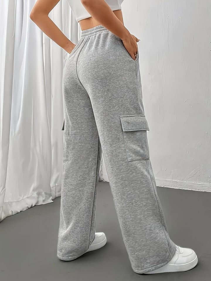 Birdie | Light Gray Wide-Leg Cargo Sweatpants with Drawstring