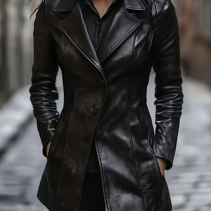 Cosette | Black Slim-Fit Leather Mid-Length Trench Coat