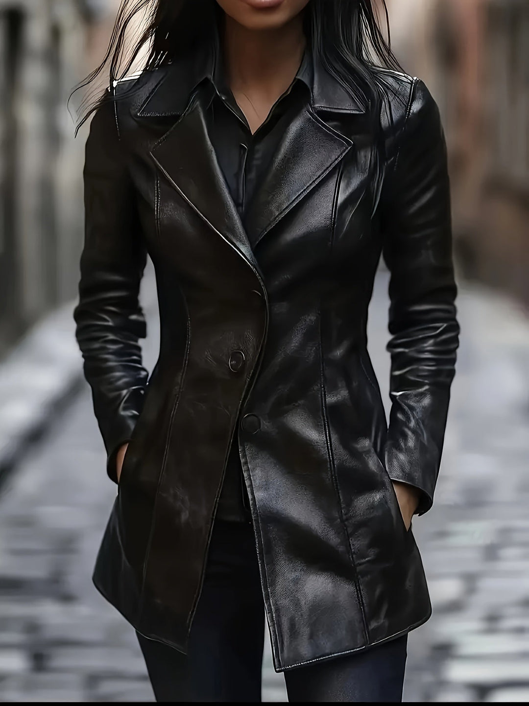 Cosette | Black Slim-Fit Leather Mid-Length Trench Coat