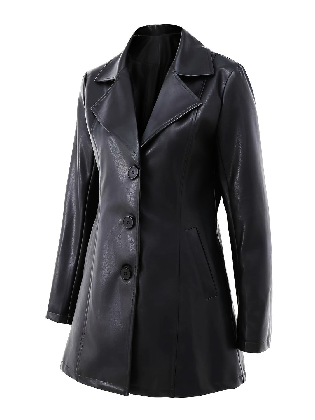 Elise | Black Slim-Fit Leather Mid-Length Trench Coat