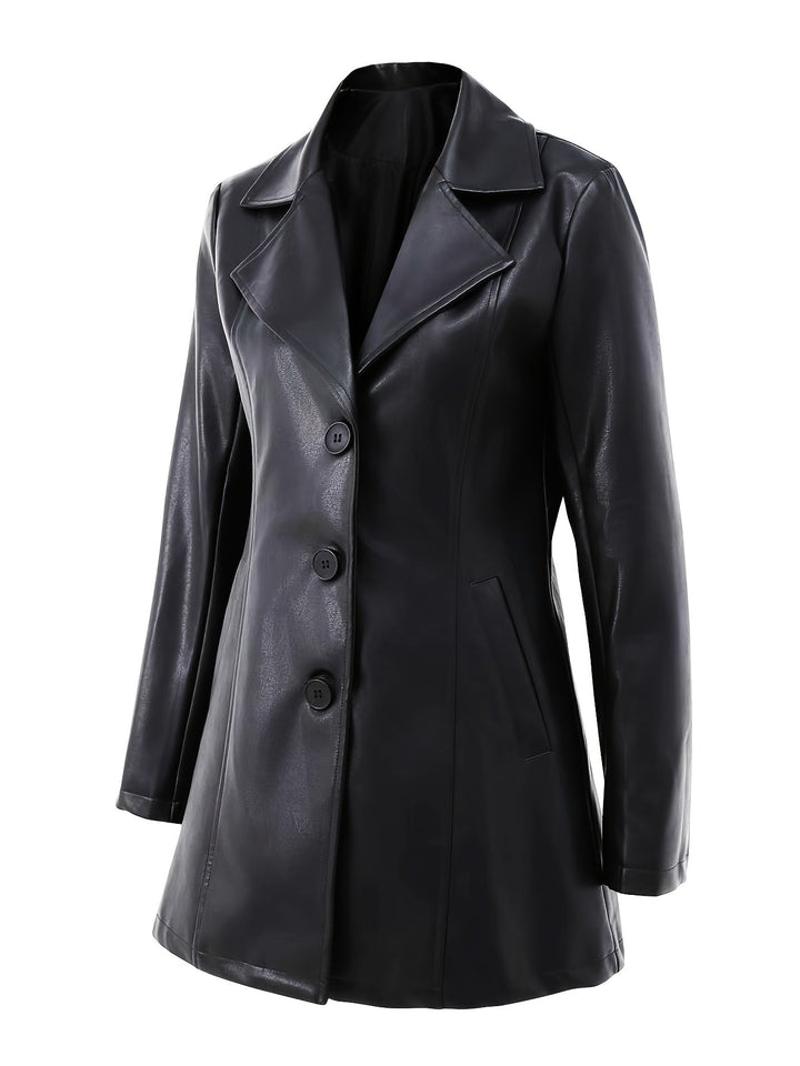 Elise | Black Slim-Fit Leather Mid-Length Trench Coat