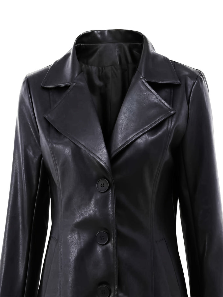 Elise | Black Slim-Fit Leather Mid-Length Trench Coat