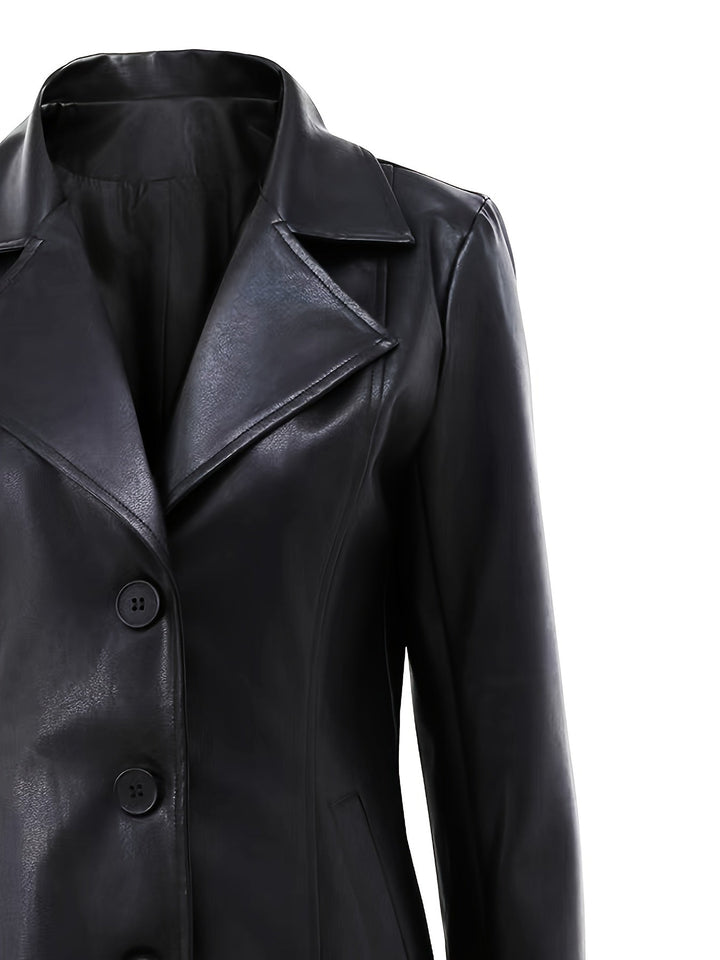 Cosette | Black Slim-Fit Leather Mid-Length Trench Coat