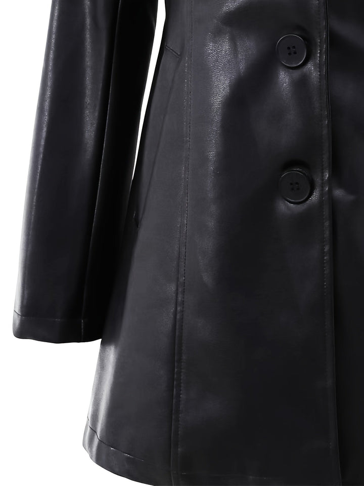Cosette | Black Slim-Fit Leather Mid-Length Trench Coat